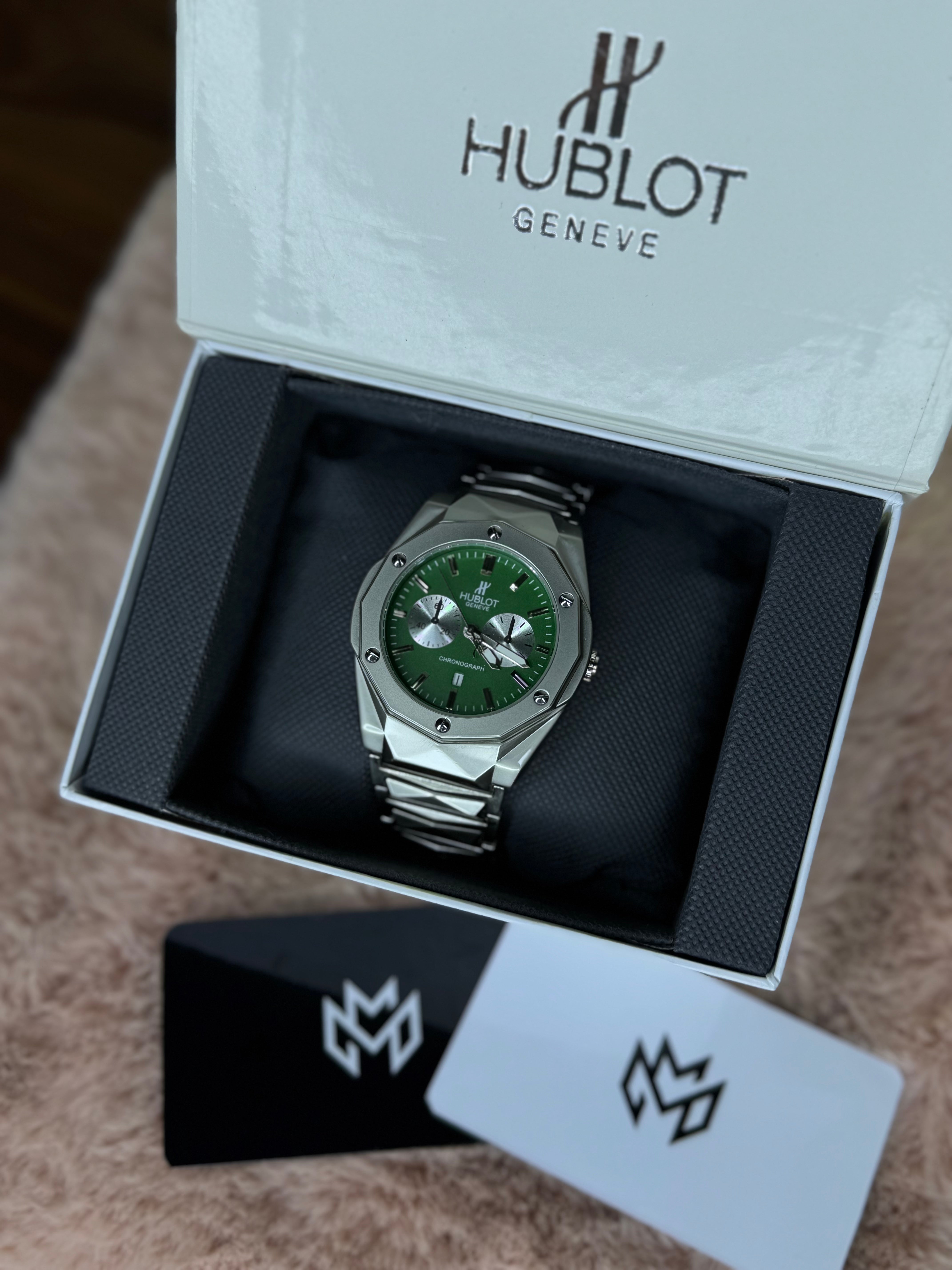 HUBLOT ELITE PREMIUM WATCH – HIGH CLASS LUXURY DIAMOND CUT CHAIN – GREEN DIAL