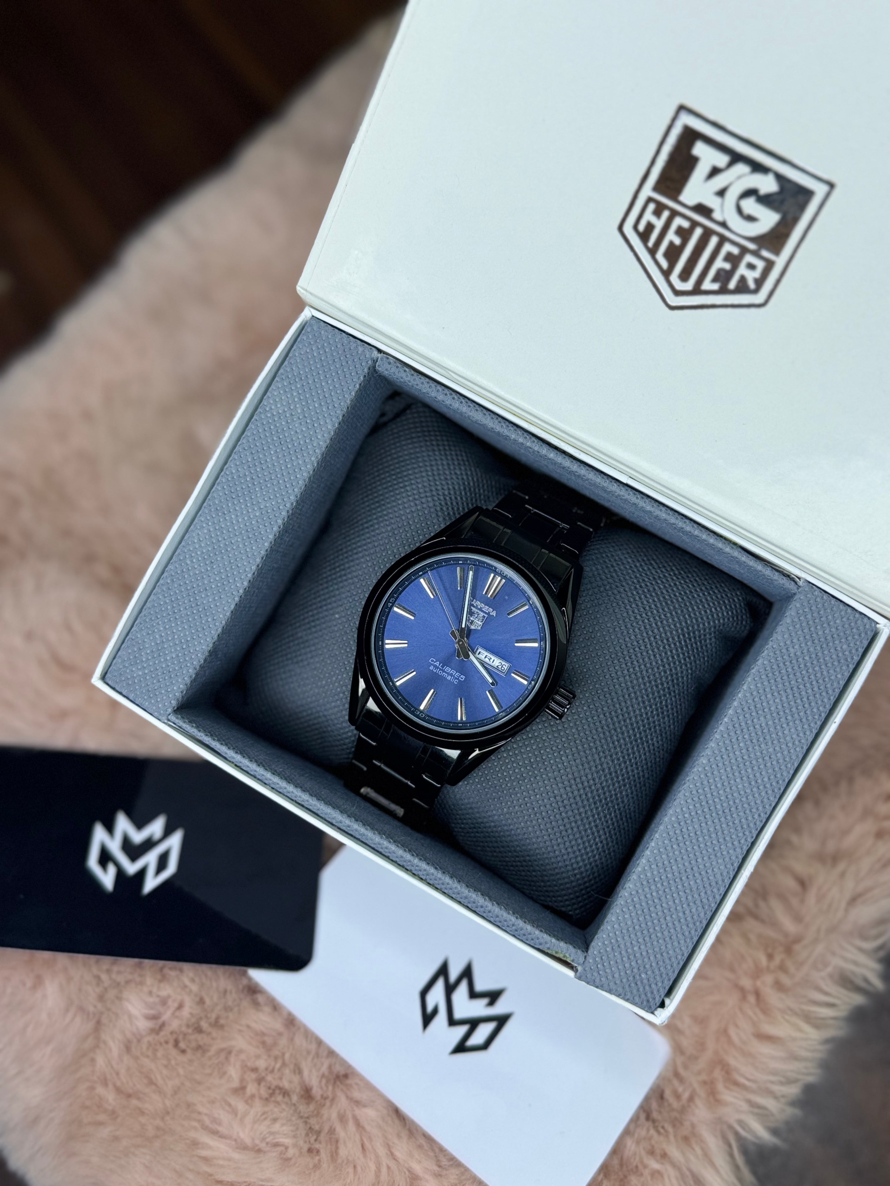 BLACK CHAIN ELITE TAG HEUER DAY‑DATE WATCH PREMIUM QUALITY CALIBRE 5 –