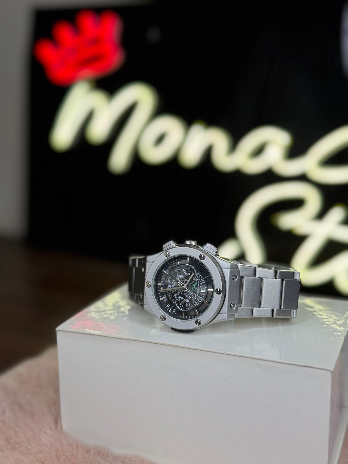 HUBLOT ELITE PREMIUM WATCH – HIGH CLASS LUXURY STAINLESS STEEL – BLACK SKELETON DIAL