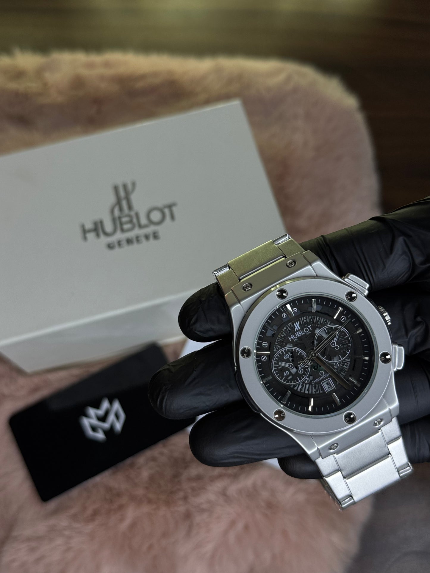 HUBLOT ELITE PREMIUM WATCH – HIGH CLASS LUXURY STAINLESS STEEL – BLACK SKELETON DIAL