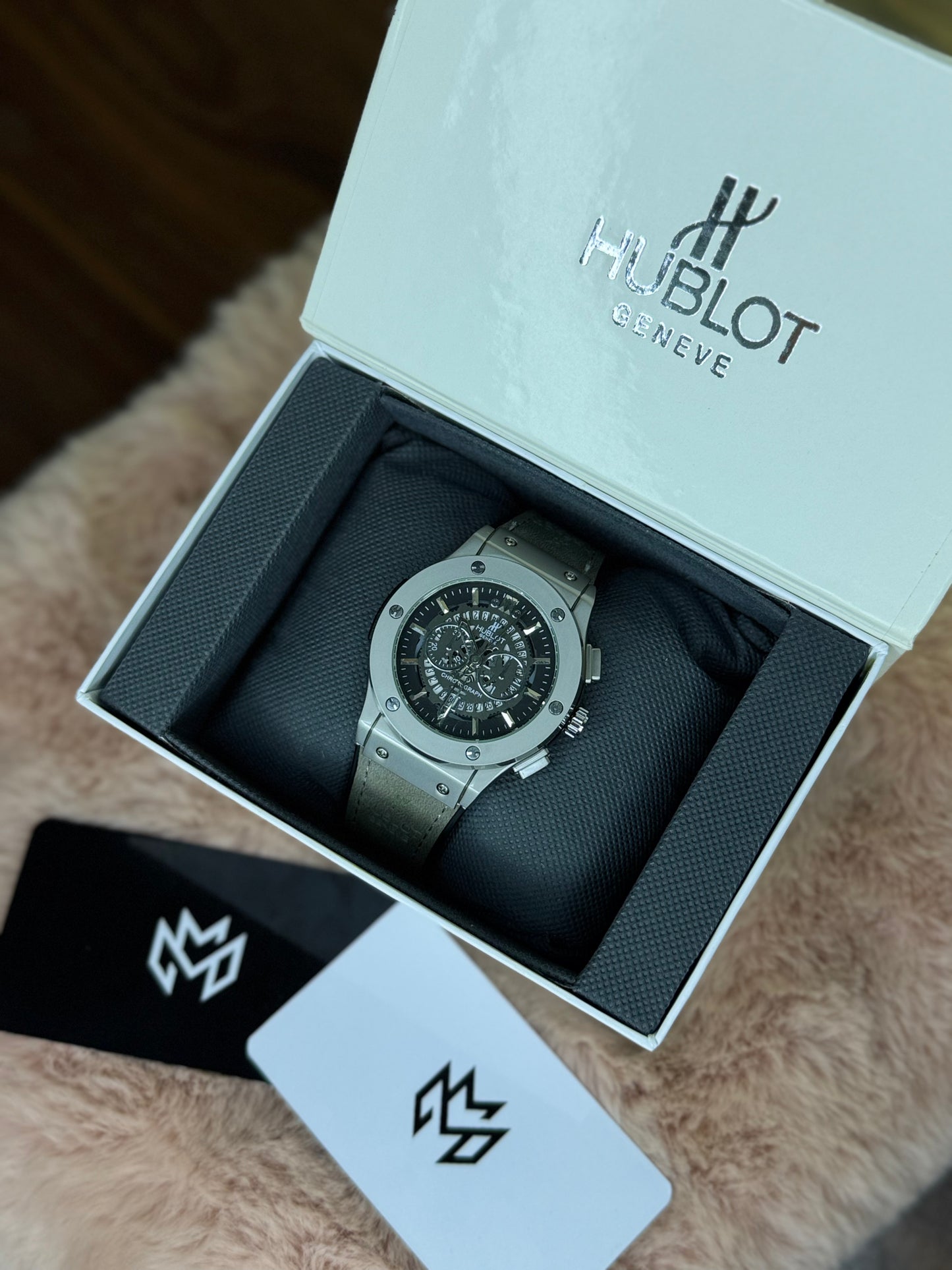 HUBLOT ELITE PREMIUM WATCH – HIGH CLASS LUXURY GREY STRAP RUBBER – BLACK SKELETON DIAL