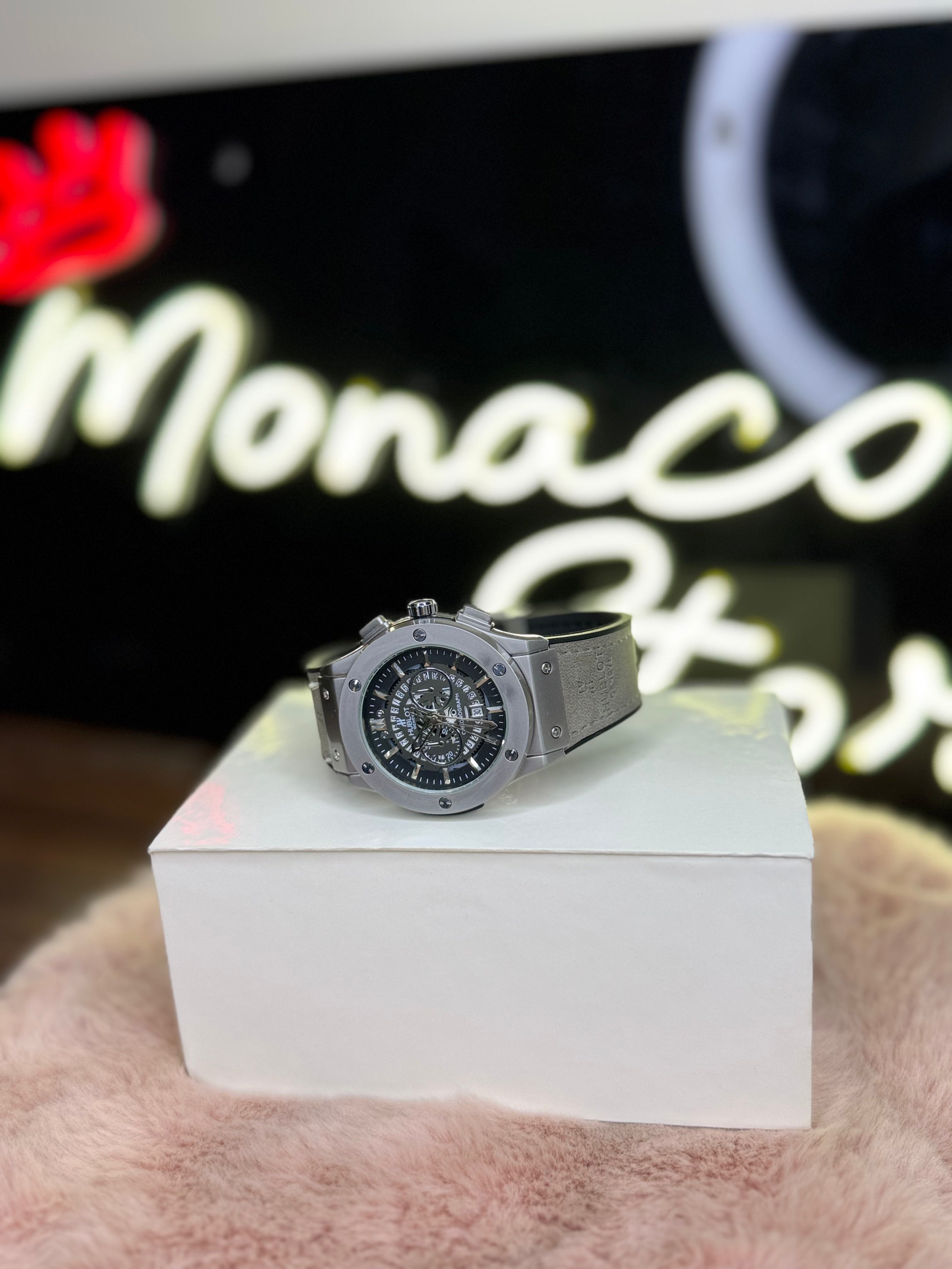 HUBLOT ELITE PREMIUM WATCH – HIGH CLASS LUXURY GREY STRAP RUBBER – BLACK SKELETON DIAL