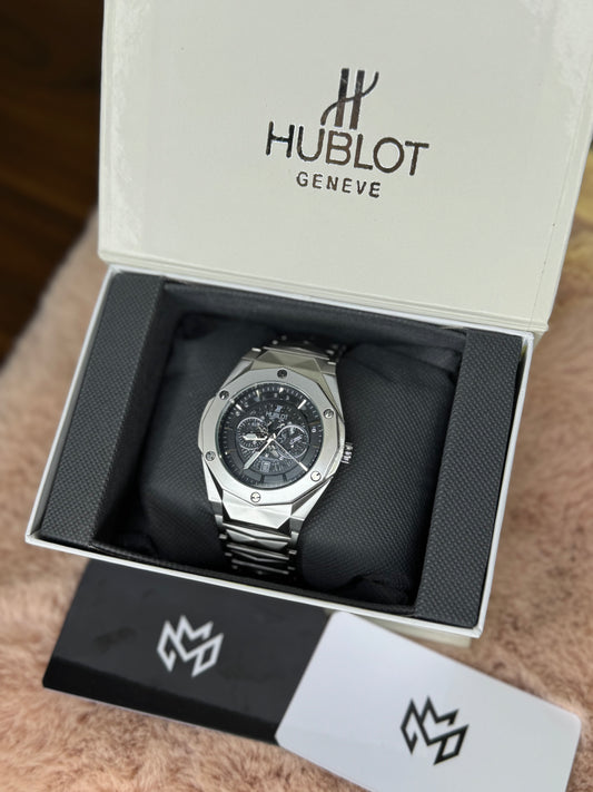 HUBLOT ELITE PREMIUM WATCH – HIGH CLASS LUXURY STAINLESS STEEL CHAIN – BLACK SKELETON DIAL