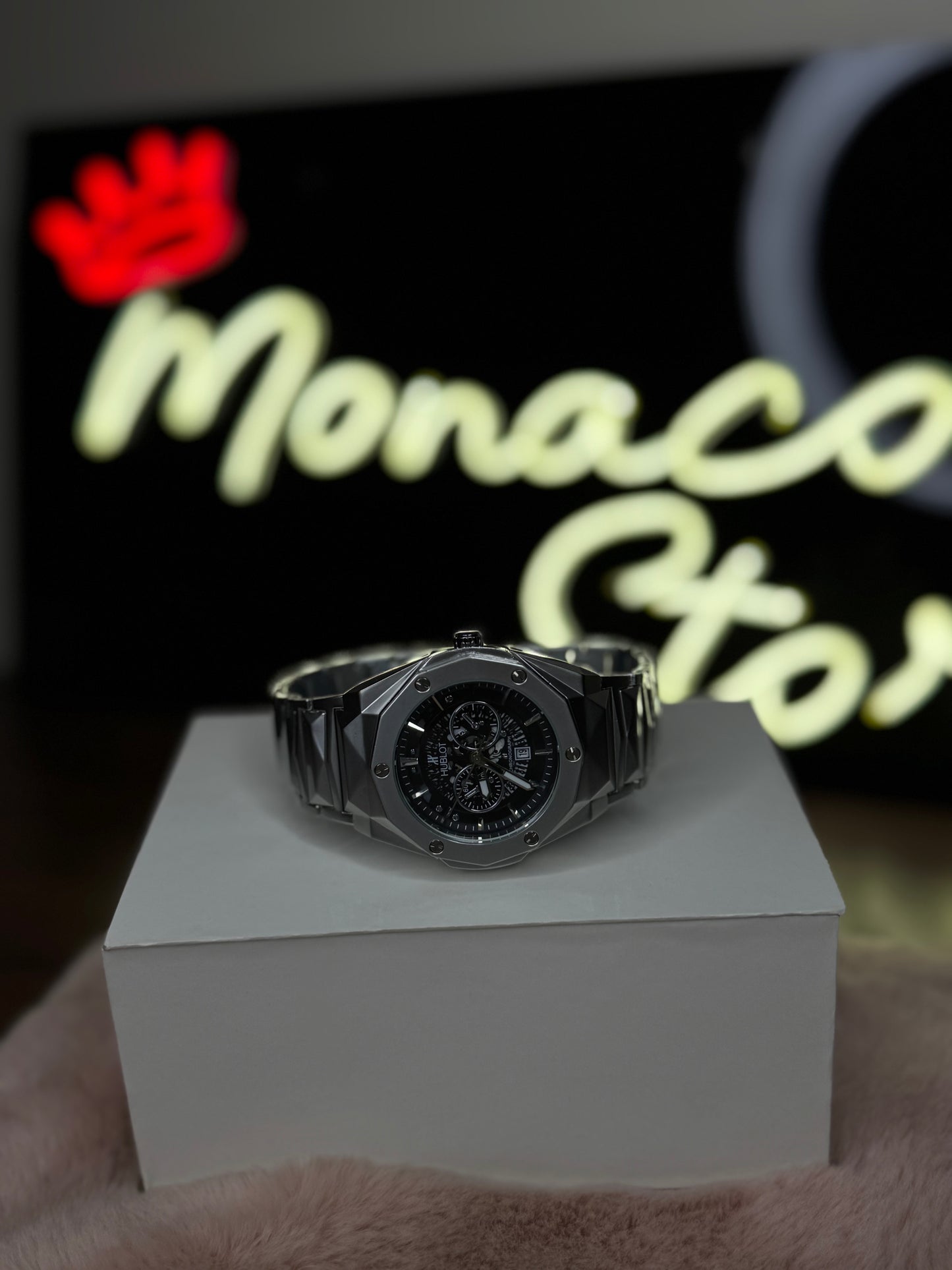 HUBLOT ELITE PREMIUM WATCH – HIGH CLASS LUXURY STAINLESS STEEL CHAIN – BLACK SKELETON DIAL