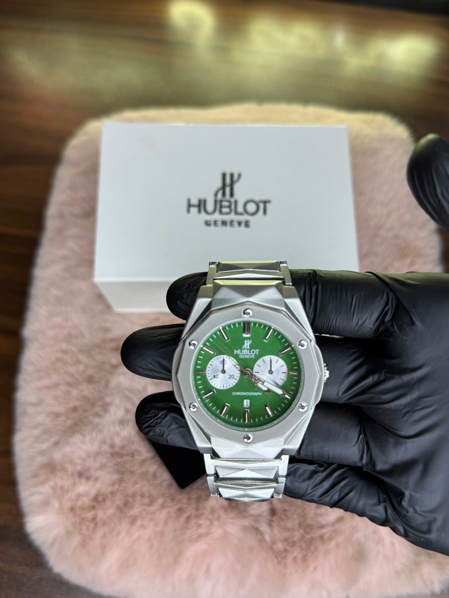 HUBLOT ELITE PREMIUM WATCH – HIGH CLASS LUXURY DIAMOND CUT CHAIN – GREEN DIAL
