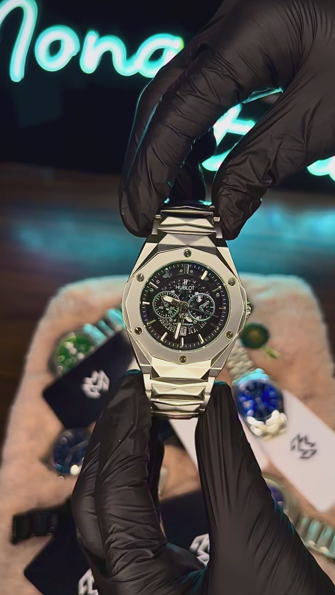 HUBLOT ELITE PREMIUM WATCH – HIGH CLASS LUXURY STAINLESS STEEL CHAIN – BLACK SKELETON DIAL