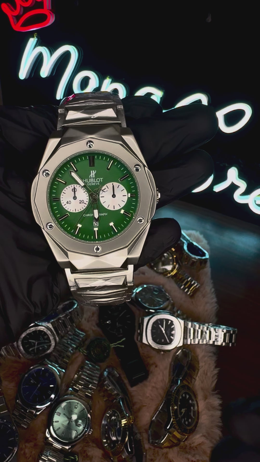 HUBLOT ELITE PREMIUM WATCH – HIGH CLASS LUXURY DIAMOND CUT CHAIN – GREEN DIAL